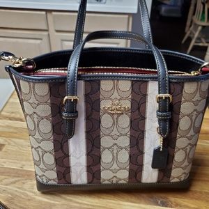 Coach C4086 Mollie Tote Khaki/Black/Red signature coach with Stripes